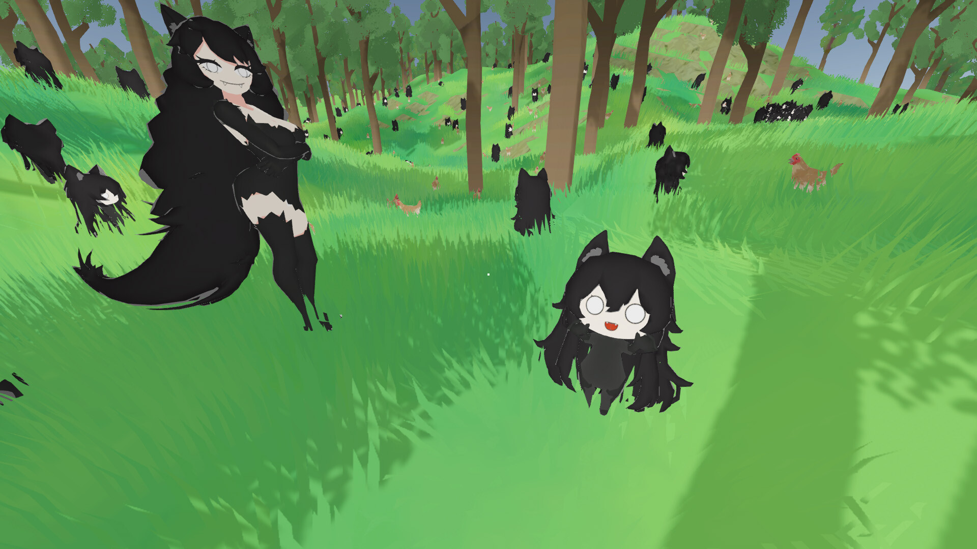 Wolf Mama and a growing group of pups in a forest clearing.